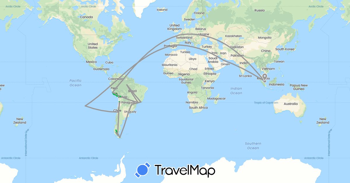 TravelMap itinerary: driving, bus, plane, hiking in United Arab Emirates, Argentina, Bolivia, Brazil, Chile, Spain, France, Peru, Singapore (Asia, Europe, South America)